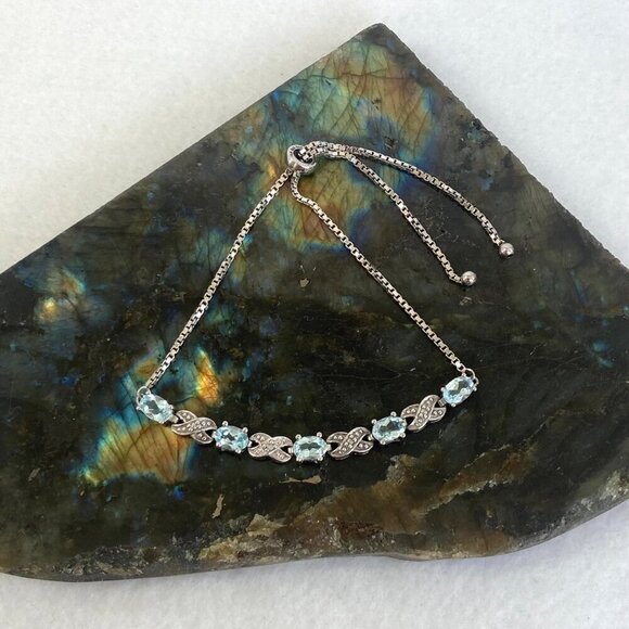 Sterling Silver 925 FAS Oval Blue Topaz XO Bolo Style Box Chain Tennis Bracelet - Picture 2 of 16